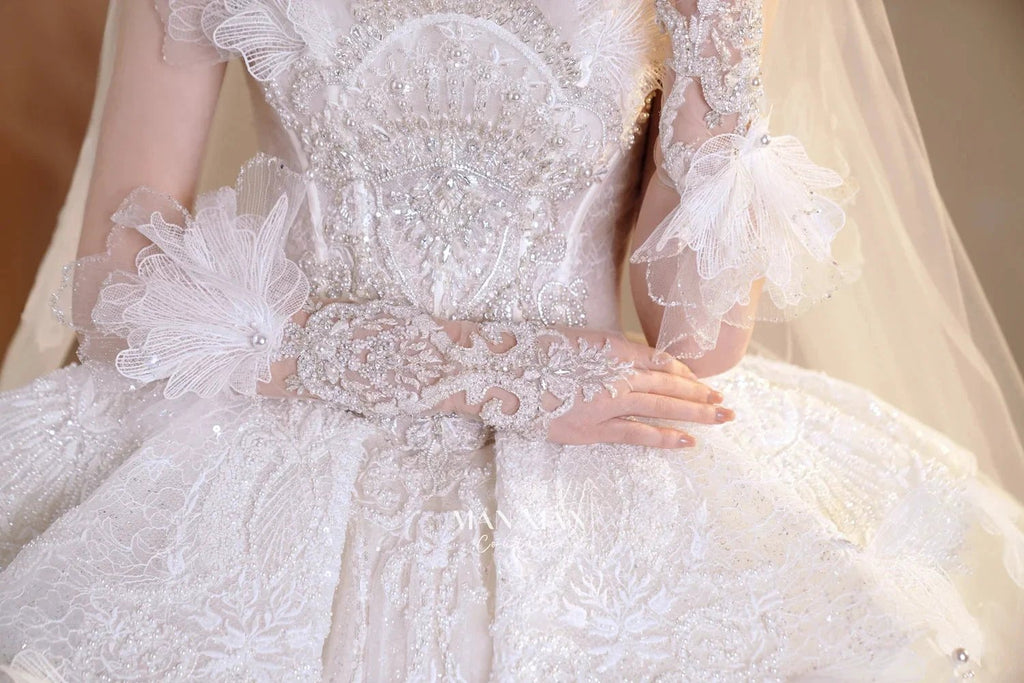 Luminous Ivory Off-Shoulder Glitter Tulle Ball Gown with 3D Floral Lace & Train M021