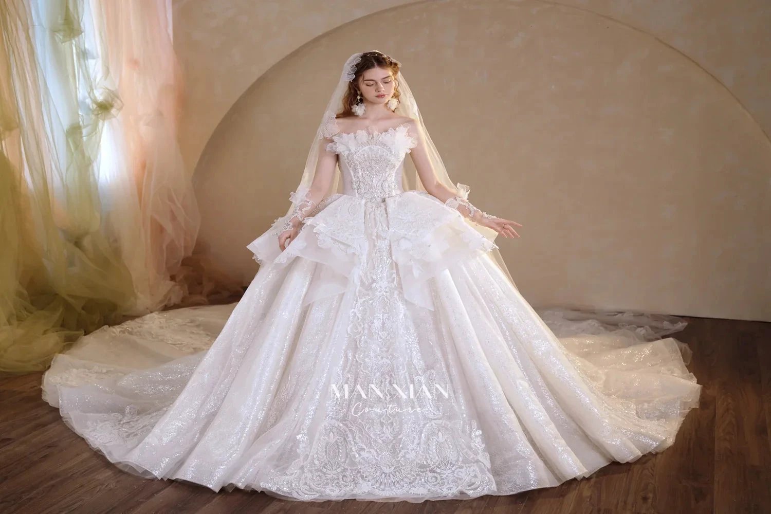 Luminous Ivory Off-Shoulder Glitter Tulle Ball Gown with 3D Floral Lace & Train M021
