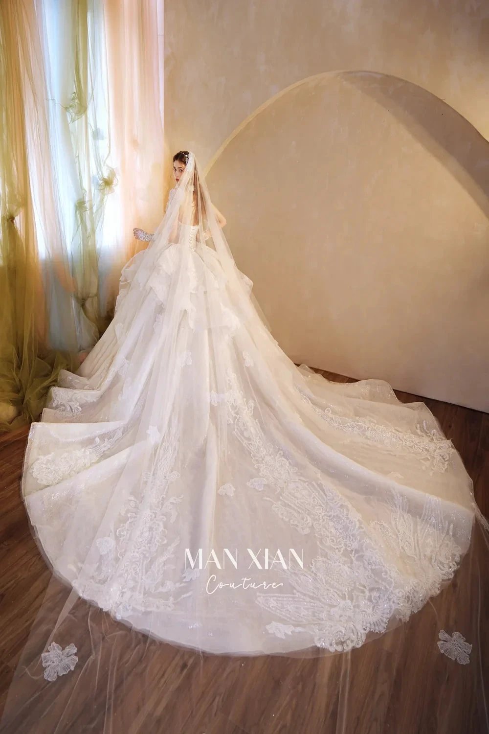 Luminous Ivory Off-Shoulder Glitter Tulle Ball Gown with 3D Floral Lace & Train M021