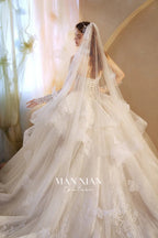 Luminous Ivory Off-Shoulder Glitter Tulle Ball Gown with 3D Floral Lace & Train M021