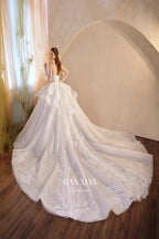 Luminous Ivory Off-Shoulder Glitter Tulle Ball Gown with 3D Floral Lace & Train M021