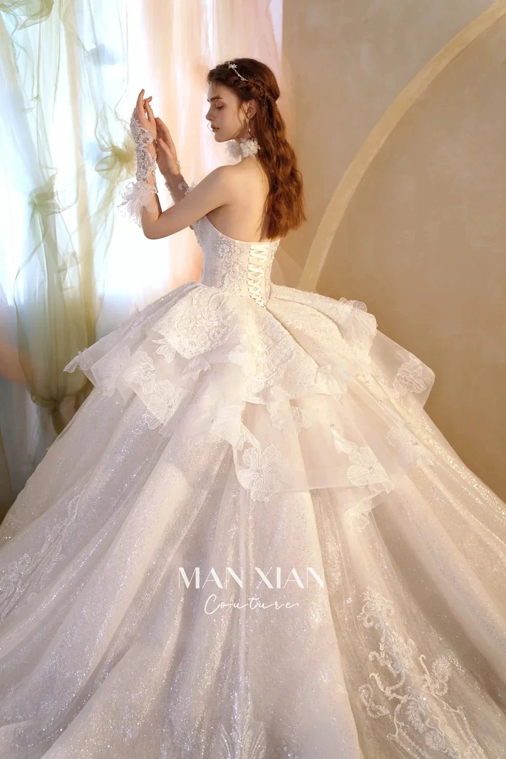 Luminous Ivory Off-Shoulder Glitter Tulle Ball Gown with 3D Floral Lace & Train M021