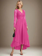 A-line V-Neck Asymmetrical Lace Chiffon Mother of the Bride Dress