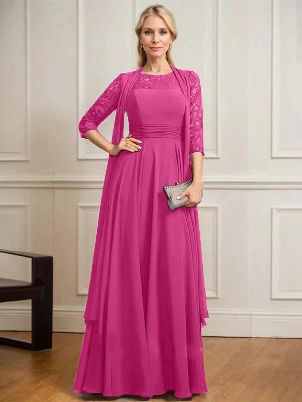 A-line Scoop Illusion Floor-Length Lace Chiffon Mother of the Bride Dress With Pleated