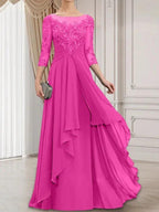 A-line Scoop Illusion Floor-Length Lace Chiffon Mother of the Bride Dress With Cascading Ruffles
