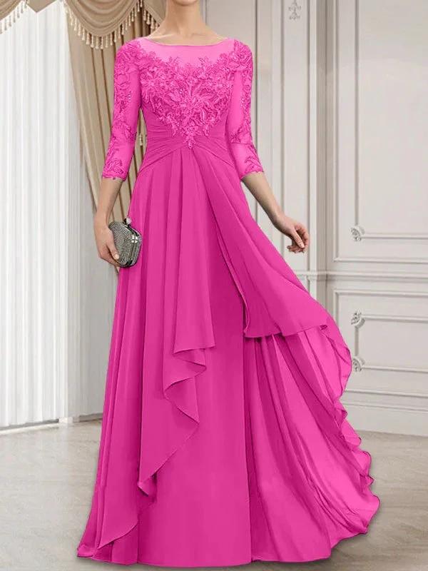 A-line Scoop Illusion Floor-Length Lace Chiffon Mother of the Bride Dress With Cascading Ruffles