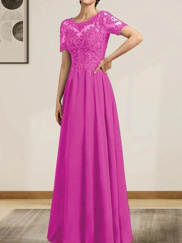 A-line Scoop Illusion Floor-Length Chiffon Lace Mother of the Bride Dress With Sequins Beading