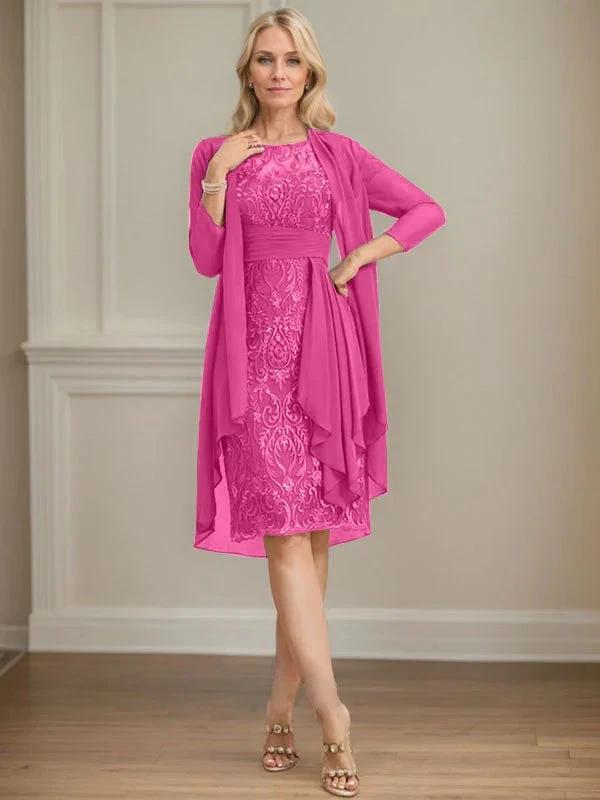 Sheath/Column Scoop Illusion Knee-Length Lace Chiffon Mother of the Bride Dress With Cascading Ruffles Sequins