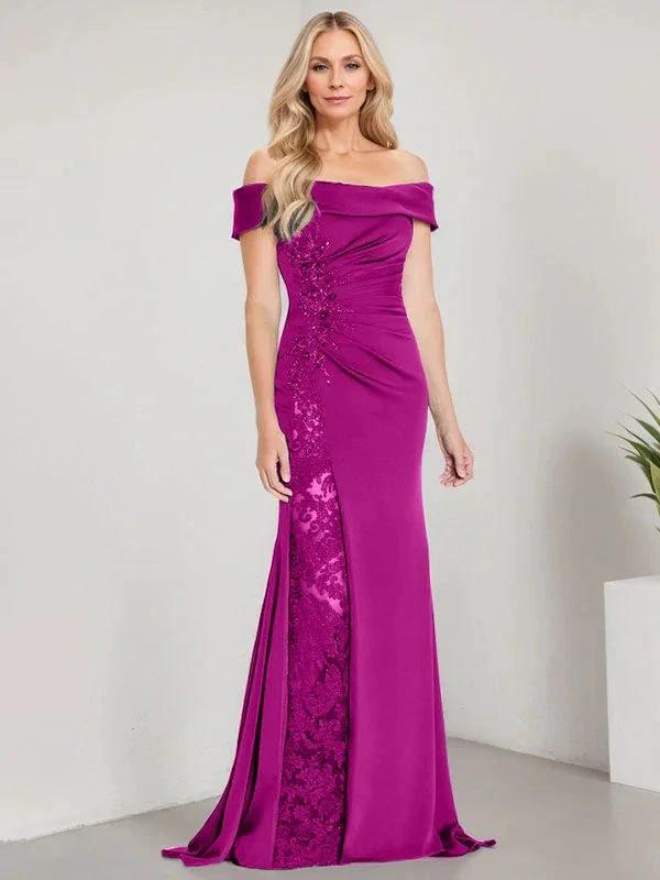 A-Line Off the Shoulder Floor-Length Mother of the Bride Dress Applique Beadings Mermaid Dress With  High Split