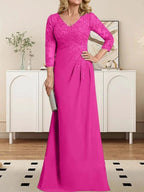 Sheath/Column V-Neck Illusion Floor-Length Lace Chiffon Mother of the Bride Dress With Pleated Sequins