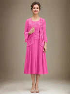 A-line Scoop Tea-Length Lace Chiffon Mother of the Bride Dress With Sequins