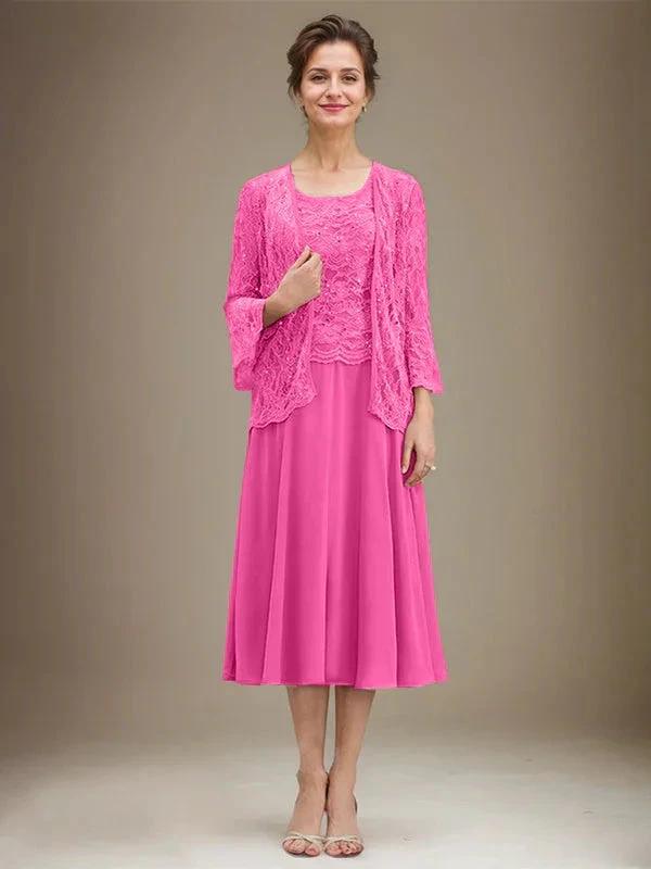A-line Scoop Tea-Length Lace Chiffon Mother of the Bride Dress With Sequins