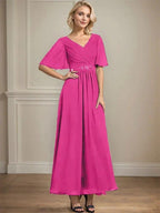 A-line V-Neck Ankle-Length Chiffon Mother of the Bride Dress With Pleated Beading Sequins