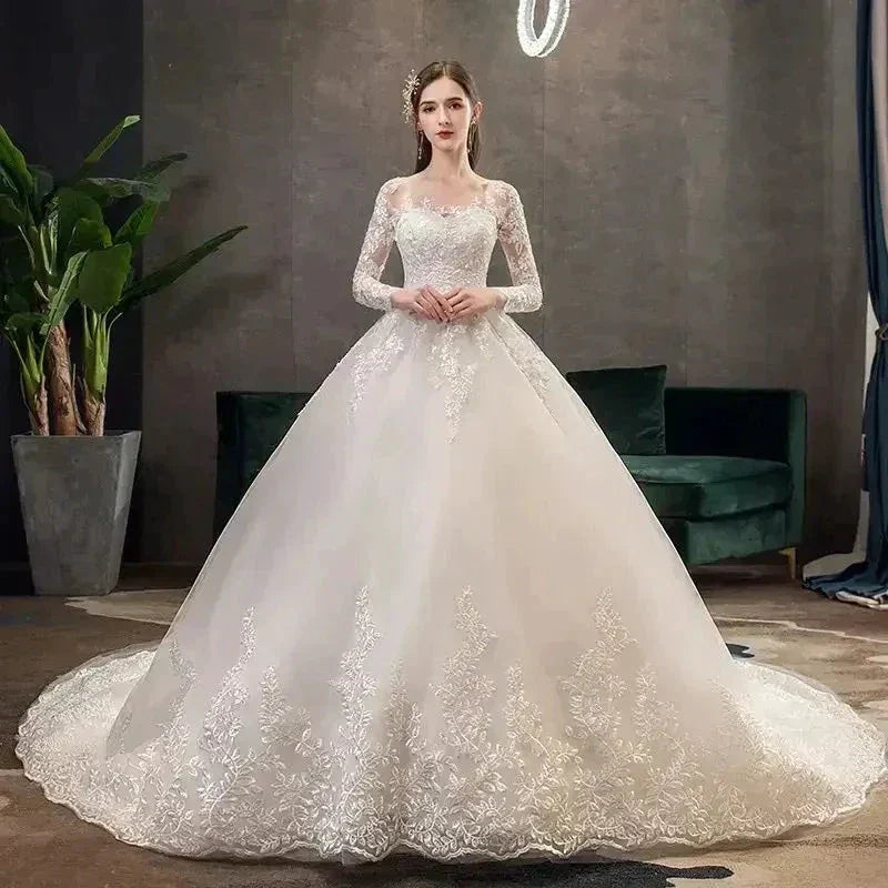 Full Sleeve Lace Long Train Wedding Dresses Illusion Long Appliques Lace Embroidery Vestido De Noiva Vestidos De Novia