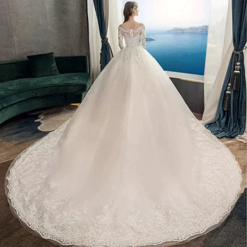 Full Sleeve Lace Long Train Wedding Dresses Illusion Long Appliques Lace Embroidery Vestido De Noiva Vestidos De Novia