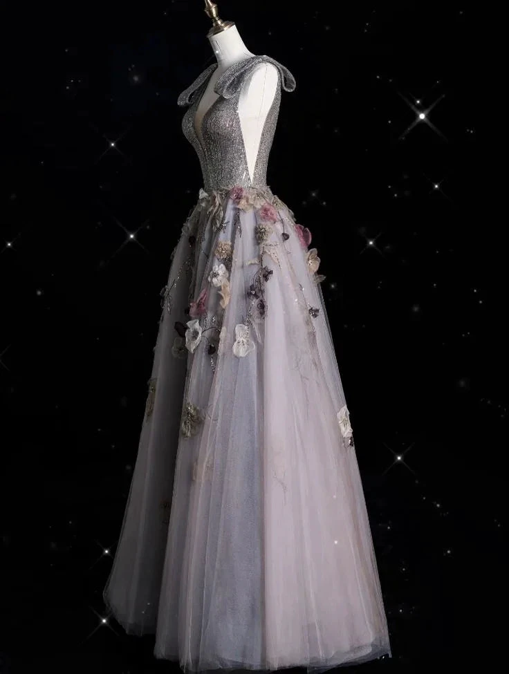 Charming V Neckline Gray Tulle Floral Ball Gown Long Evening Gown Prom Dress Y7953