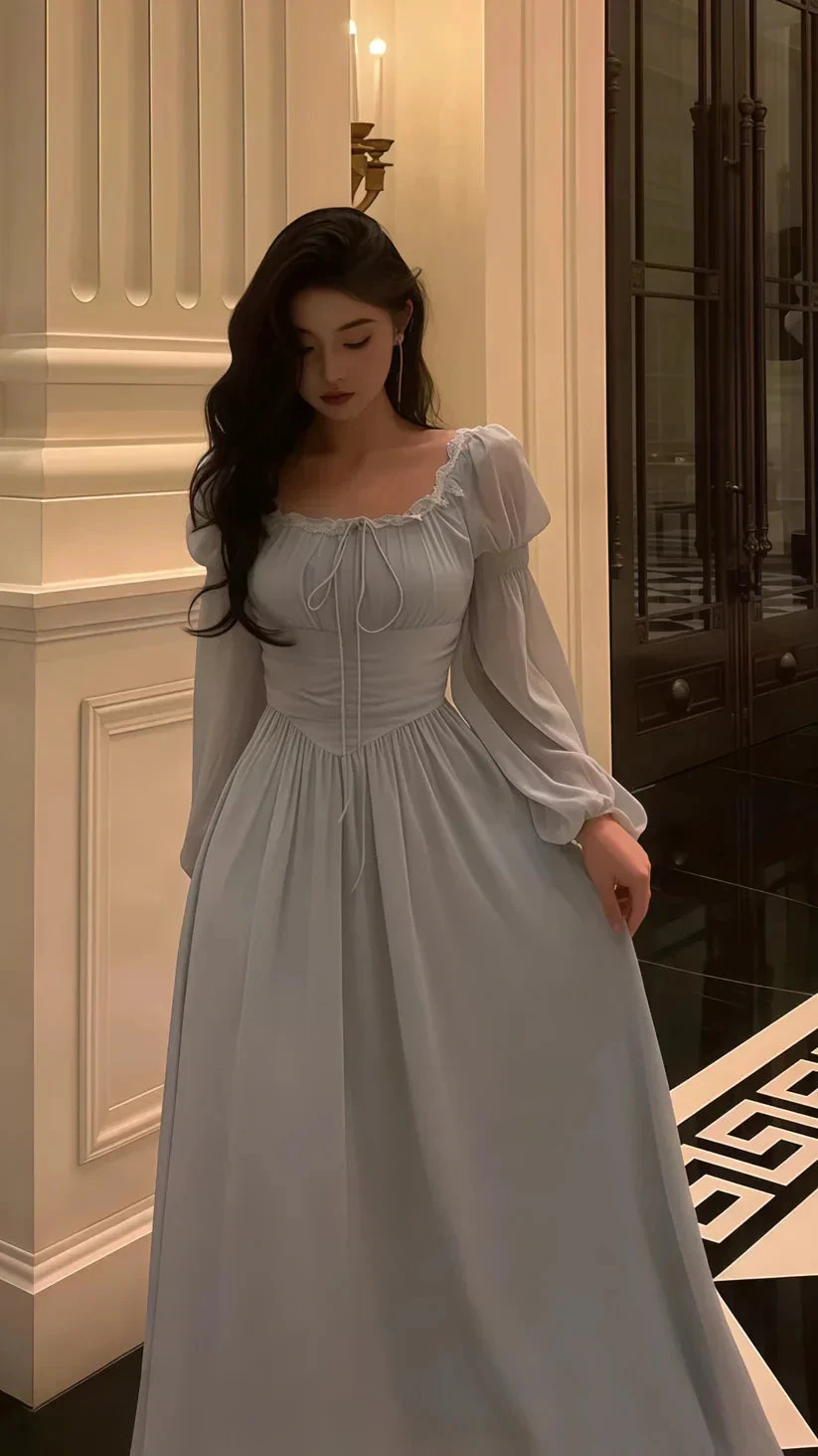Grey Lace Chiffon Long Sleeves Party Dress Elegant Prom Evening Dress Y8021