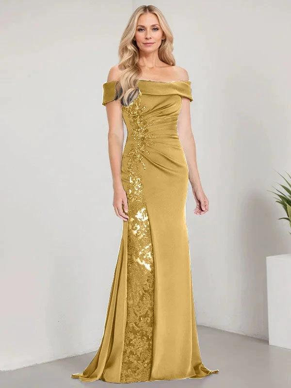 A-Line Off the Shoulder Floor-Length Mother of the Bride Dress Applique Beadings Mermaid Dress With  High Split