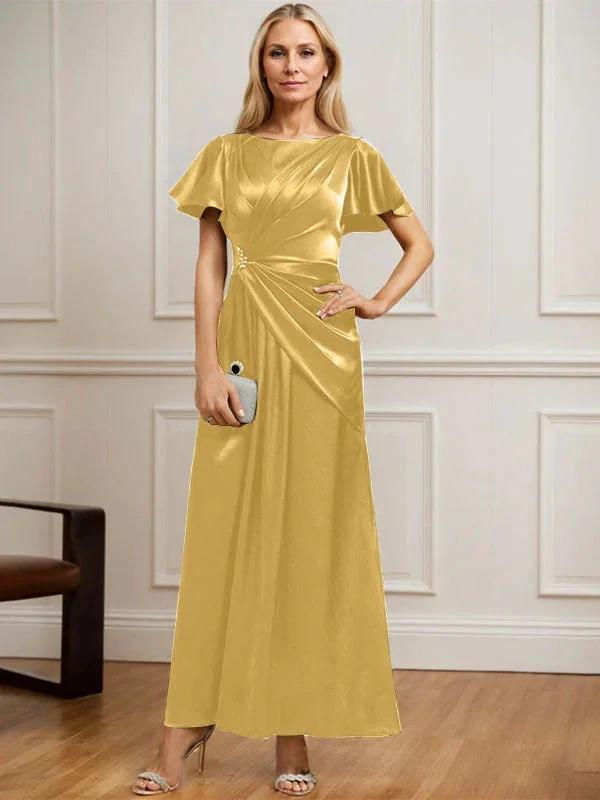 A-line Scoop Ankle-Length Stretch Satin Mother of the Bride Dress With Pleated Beading