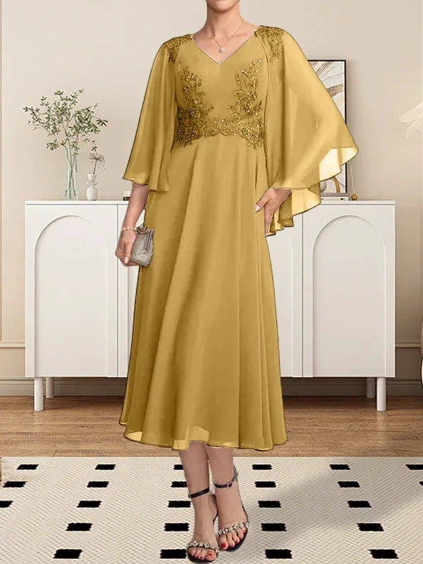 A-line V-Neck Tea-Length Chiffon Lace Mother of the Bride Dress With Beading Sequins
