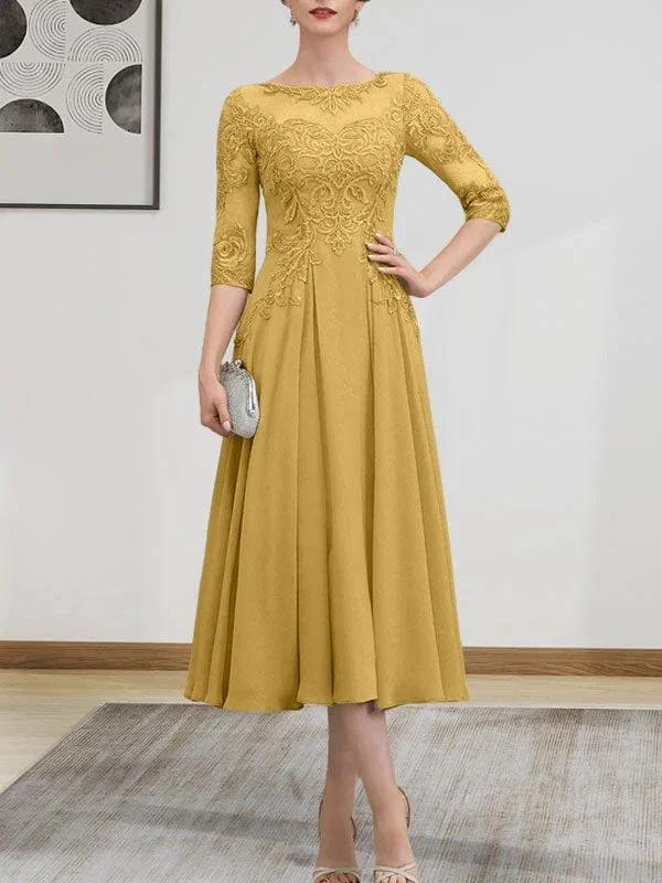 A-line Scoop Illusion Tea-Length Chiffon Lace Mother of the Bride Dress With Beading Sequins