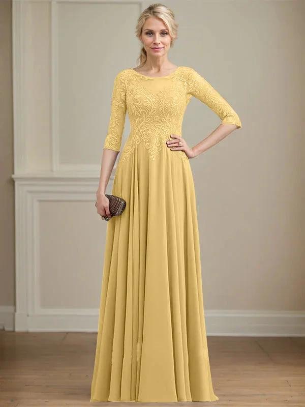 A-line Scoop Illusion Floor-Length Lace Chiffon Mother of the Bride Dress With Sequins