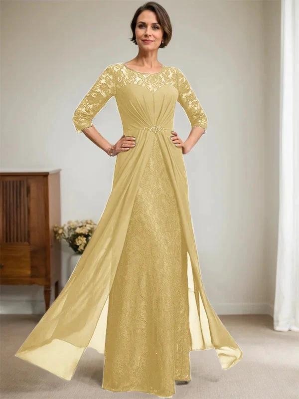 A-Line Scoop Illusion Floor-Length Lace Chiffon Mother Of the Bride Dress With Beading Ruffles