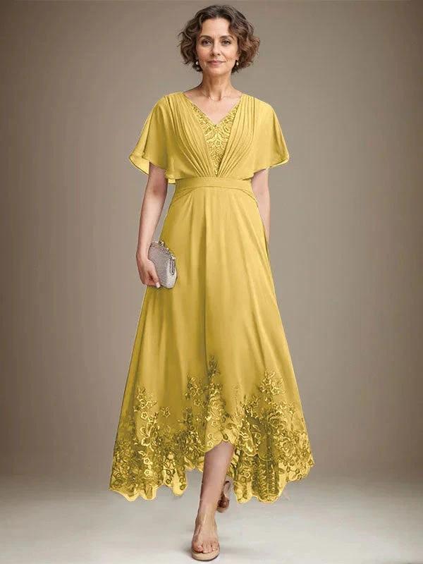 A-line V-Neck Asymmetrical Lace Chiffon Mother of the Bride Dress With Pleated