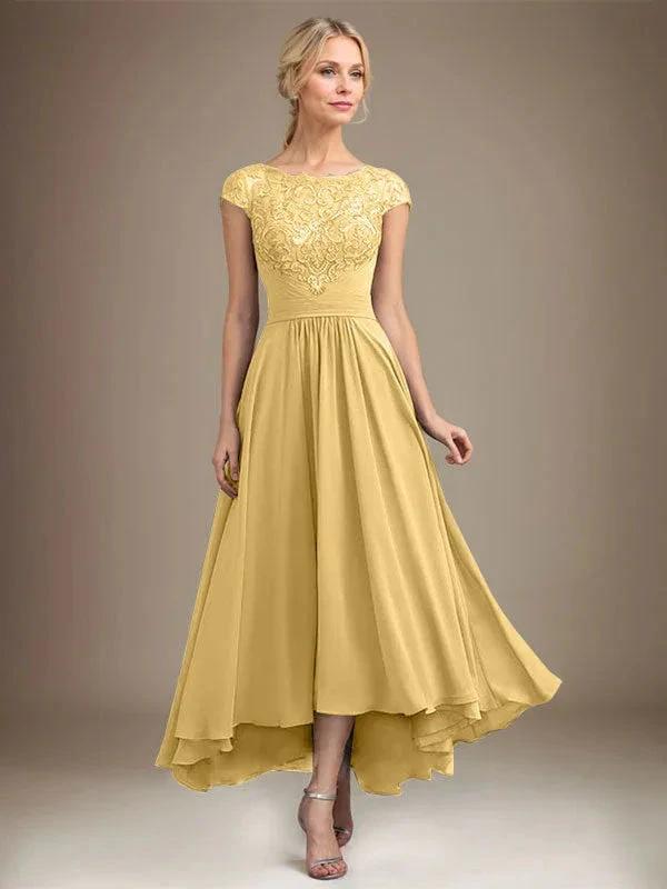 A-line Scoop Illusion Asymmetrical Lace Chiffon Mother of the Bride Dress With Pleated