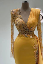 Elegant V-Neck Long Sleeves Mermaid Satin Prom Dresses with Train