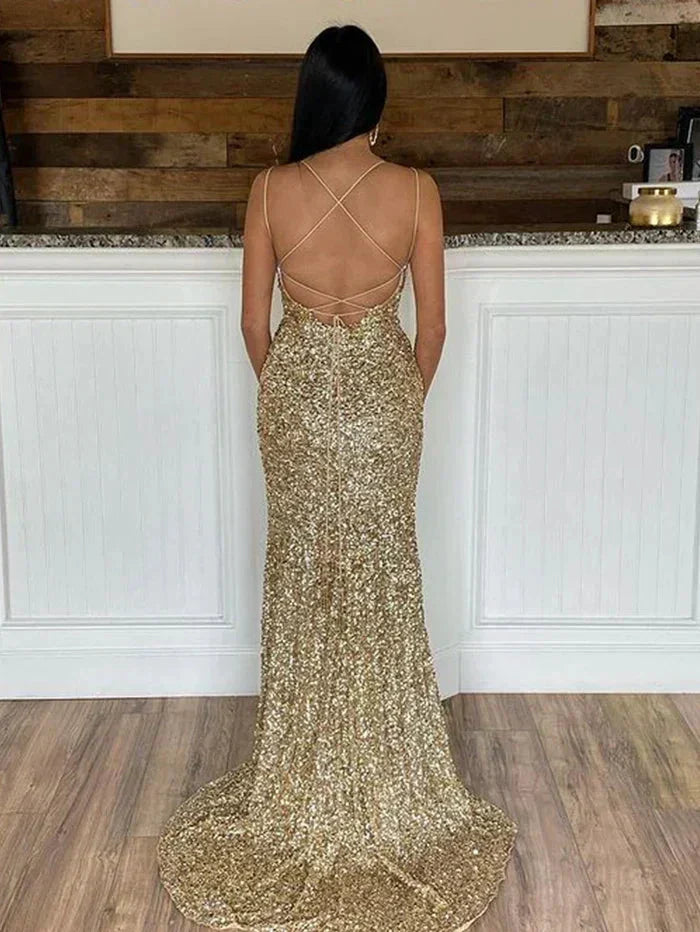 Glitter Sequin Prom Dress with Slit Scoop Neck Prom Dress SYP171
