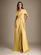 A-Line Asymmetrical Neckline Floor-Length Satin Mother of the Bride Dress With Pleated