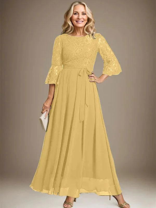A-line Scoop Ankle-Length Lace Chiffon Mother of the Bride Dress With Bow