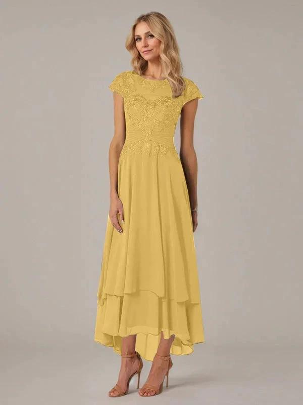 A-line Boat Neck Illusion Asymmetrical Chiffon Lace Mother of the Bride Dress With Applique Pleats