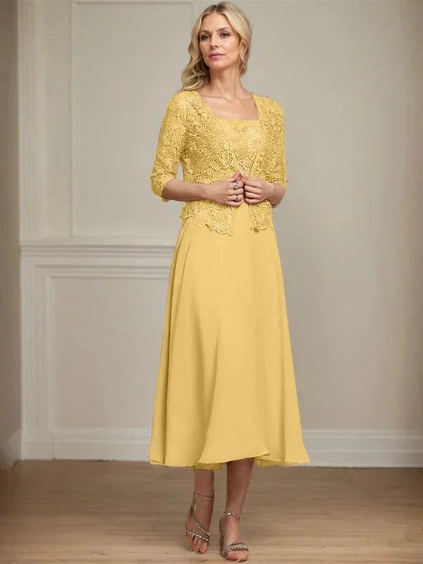 A-line Square Tea-Length Chiffon Lace Mother of the Bride Dress With Sequins Beading