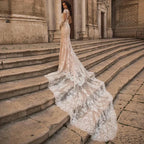 Gorgeous Lace Long Sleeve Mermaid Wedding Dresses Tulle Bridal Gown For Women Cathedral Train V-Neck Appliques Button Back