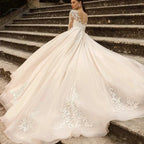 Gorgeous Lace Wedding Dresses Long Sleeve Women's Elegant Tulle Sticker Floral Champagne Bridal Gowns Princess Formal Party Robe