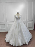 Gorgeous Long Ball Gown V-neck Glitter Sequins Wedding Dresses with Sleeves