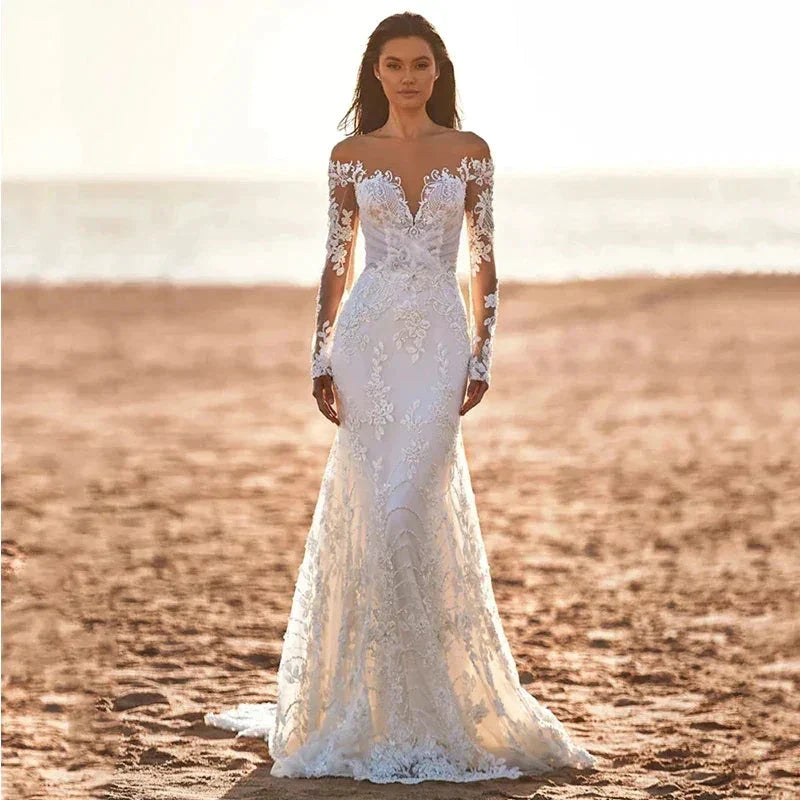 Gorgeous Long Sleeve Women's Wedding Dresses Elegant Lace Applique Off Shoulder Bridal Dress Mermaid Formal Beach Button Robe De
