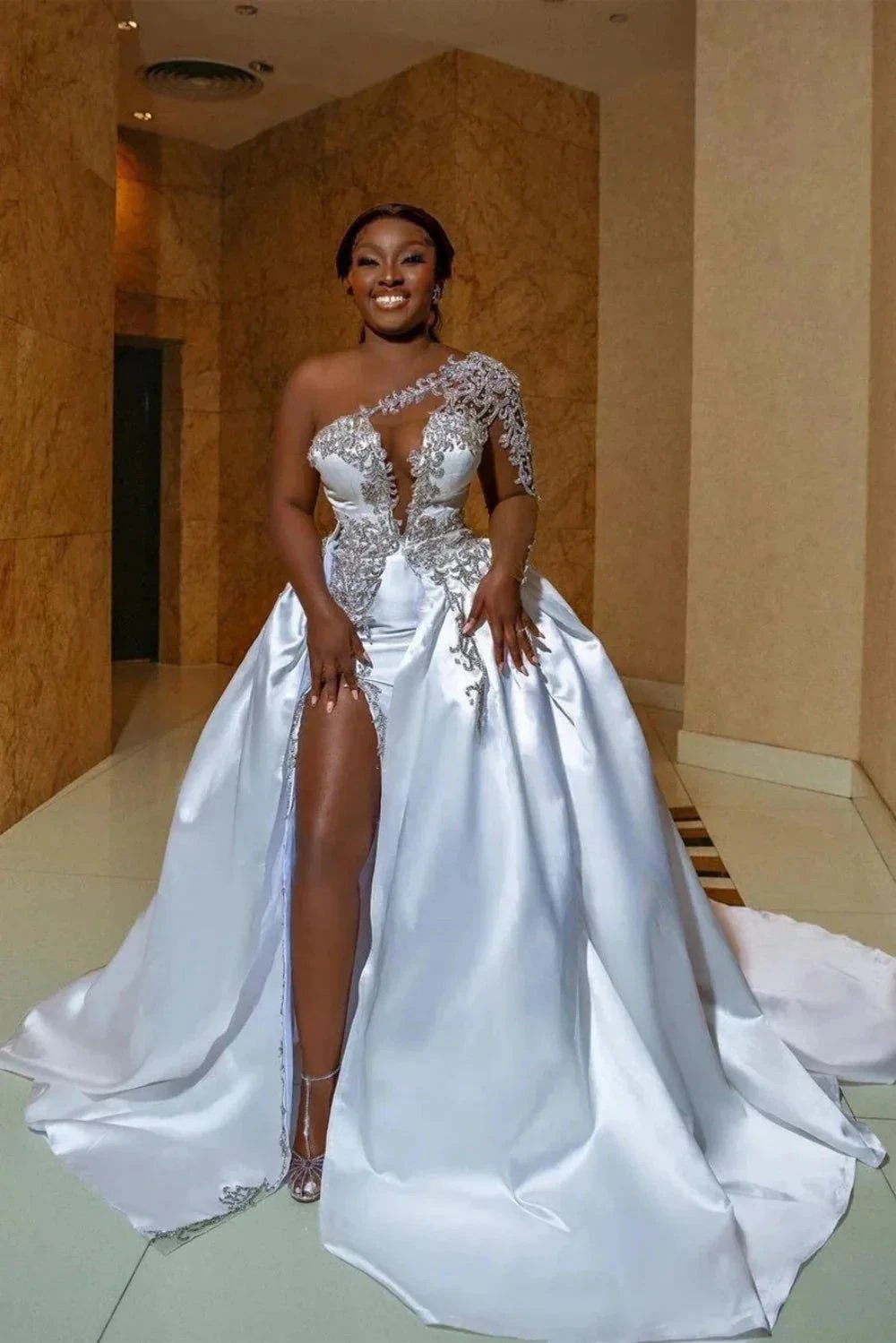 Gorgeous Long A-line Satin One Shoulder Beading Appliques Lace Wedding Dress with Slit
