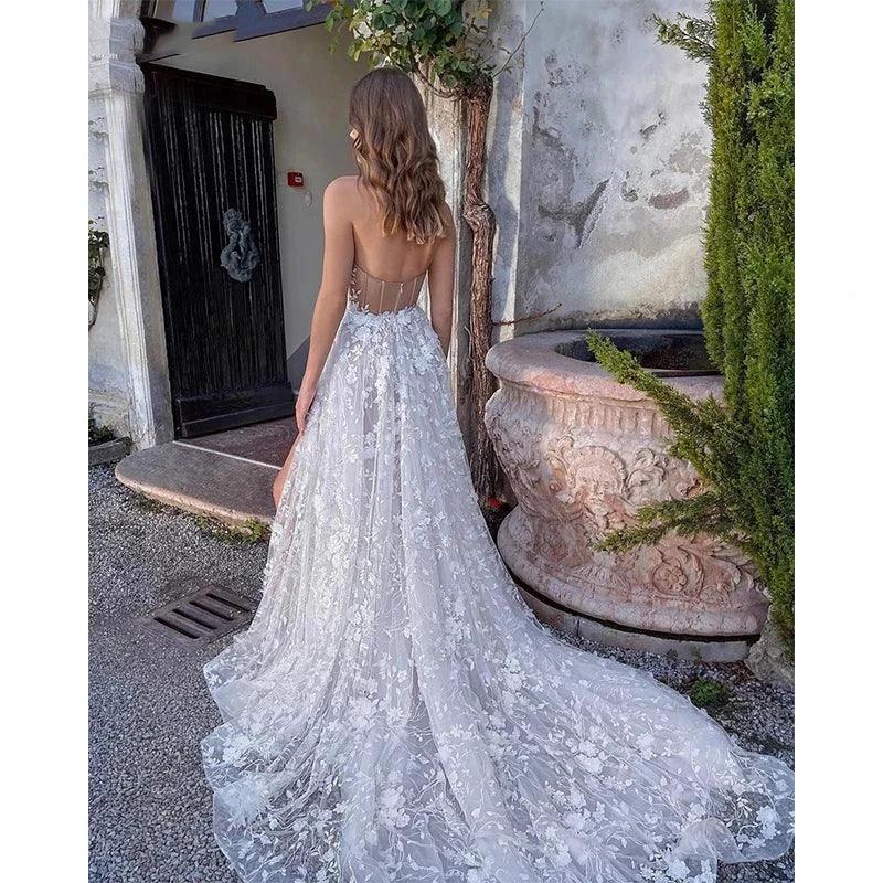 Gorgeous Sexy Off Shoulder Sleeveless High Fork Mopping Wedding Dresses With Split Beach Lace Bride Dresses Backless Custom Made