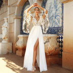 Gorgeous Slit Wedding Dresses V-neck Batwing Sleeves Appliques Court Train Wedding Gown Robe Made To Order 2023