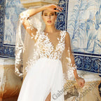 Gorgeous Slit Wedding Dresses V-neck Batwing Sleeves Appliques Court Train Wedding Gown Robe Made To Order 2023
