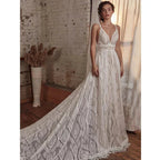 Gorgeous Spaghetti Strap Wedding Dresses Lace Bohemian Deep V-Neck Open Back Illusion Bridal Gowns свадебный наряд Robe De