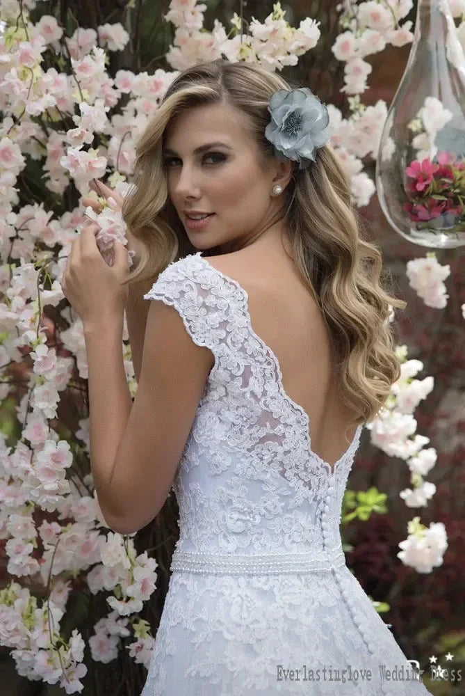 Graceful Tulle & Lace V-neck Neckline A-line Wedding Dresses With  Appliques & Beadings Sash Bridal Grown Vestido De