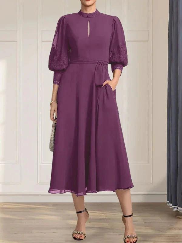 A-line High Neck Tea-Length Lace Chiffon Mother of the Bride Dress With Bow