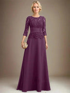A-line Scoop Illusion Floor-Length Chiffon Lace Mother of the Bride Dress With Pleated Sequins Beading