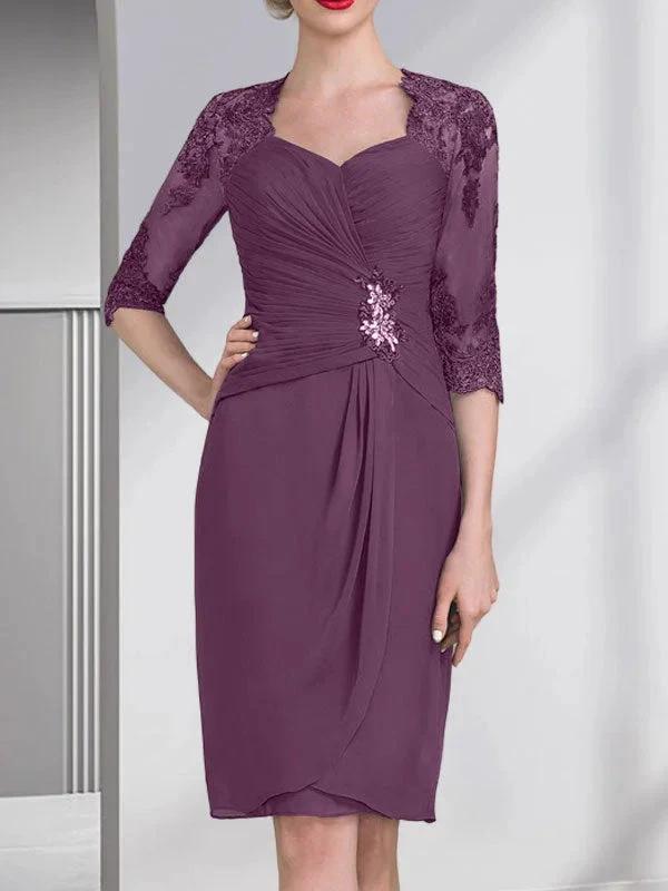 Sheath/Column Sweetheart Knee-Length Chiffon Mother of the Bride Dress With Beading Appliques Lace Sequins Pleated