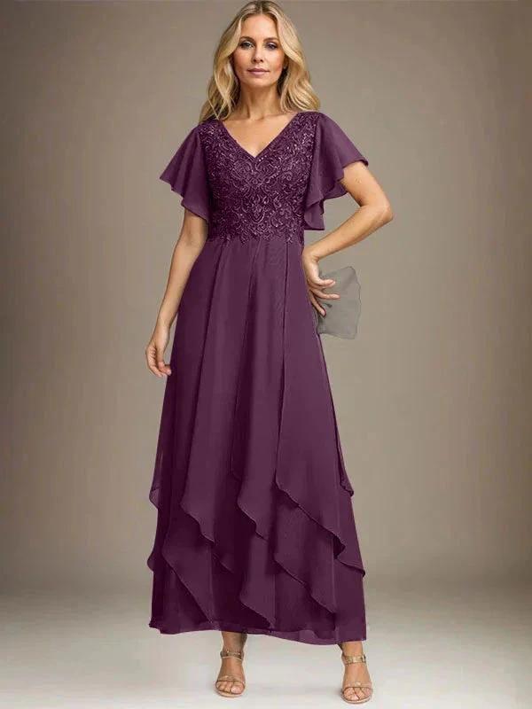 A-line V-Neck Ankle-Length Lace Chiffon Mother of the Bride Dress With Cascading Ruffles