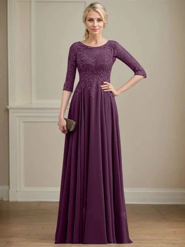 A-line Scoop Illusion Floor-Length Lace Chiffon Mother of the Bride Dress With Sequins